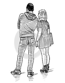 Sketch of couple young people standing and looking outdoors