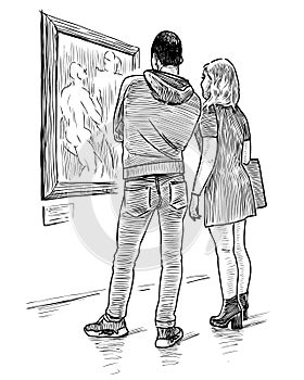 Sketch of couple young people standing and looking at picture in museum