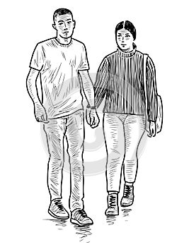 Sketch of couple young people walking along street