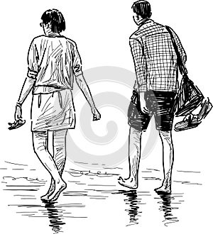 Sketch of couple young people walking barefoot on seashore