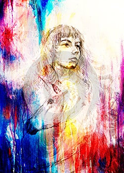 Sketch of courageous young woman with unicorn on abstract spotted background.