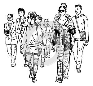 Sketch of crowd casual urban pedestrians walking along street