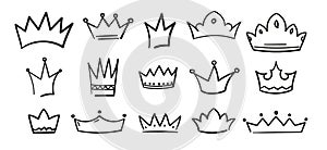 Sketch crown. Hand drawn king queen tiara. Doodle royal diadem symbol set. Vintage heraldic simple logo