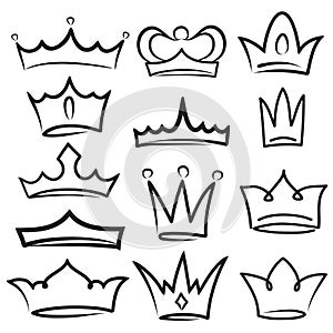 Sketch crown. Simple graffiti crowning, elegant queen or king crowns hand drawn. Royal imperial coronation symbols, monarch