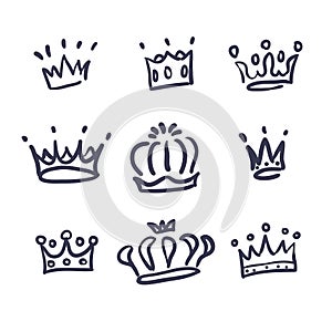 Sketch crown. Simple graffiti crowning, elegant queen or king crowns hand drawn. vector