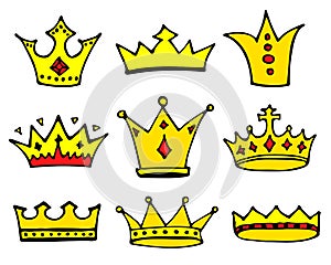 Sketch crowns collection. Doodle princess crown icons. Vector illustration