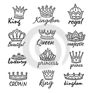 Sketch crowns. Hand drawn king, queen crown and princess tiara. Royalty vector doodle symbols and majestic logos