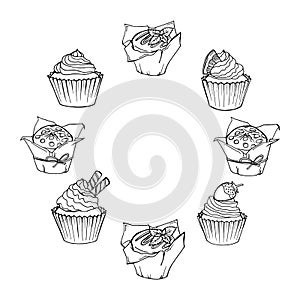 Sketch Cupcakes and muffins round frame. Set of hand drawn cakes.
