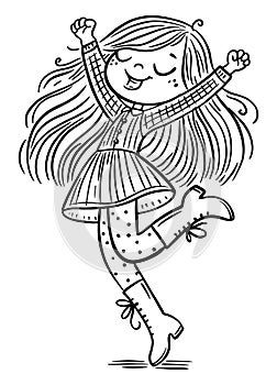 Sketch, a cute cartoon girl dances joyfull. Isolated outline vector illustration. Coloring book page for children photo