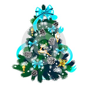 Sketch With Cute Christmas Tree With Red Ribbon Bow. New Year Gifts, Texture Of Snowflakes, Classic Christmas