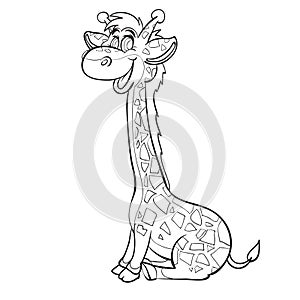 sketch, cute giraffe sitting on its hind legs, coloring book, cartoon illustration, isolated object on a white background, vector