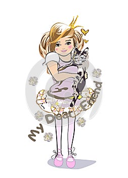 Sketch of a cute little girl smiling with her friend cat decorated with flowers.