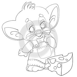 Sketch, a cute mouse with big ears and in overalls stands in front of a big piece of cheese, coloring book, isolated object on a