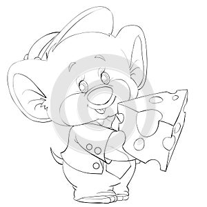 Sketch, cute mouse in a cap and clothes holding a piece of cheese in its paws, coloring, cartoon illustration, isolated object on