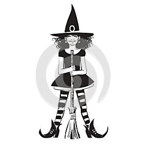 Sketch of cute young girl dressed as Halloween witch holding broom stick. Black and white hand drawn vector illustration