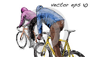 Sketch of cyclist riding fixed gear bicycle on street, illustration vector