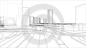 Sketch of 3D city with buildings and roads. Vector