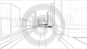 Sketch of 3D city with buildings and roads. Vector