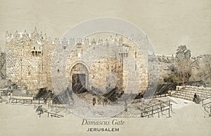 Sketch of Damascus Gate, Jerusalem photo