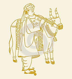 Sketch of decorated cow with different coloured clothes it is Gangireddu. People of named Gangireddulu vallu beg and bless each