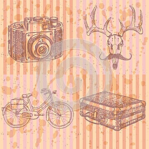 Sketch deer with mustache, suitecase, bicycle and photo camera,