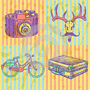 Sketch deer with mustache, suitecase, bicycle and photo camera,