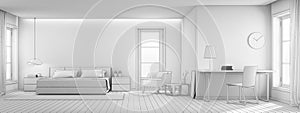 Sketch design of bedroom and living room in luxury house, Modern interior of home office