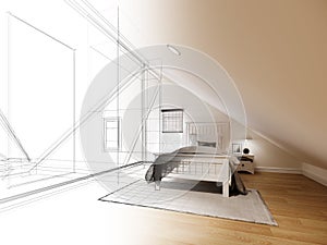 Sketch design of interior attic bedroom