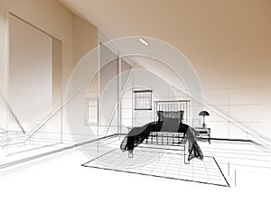 Sketch design of interior attic bedroom,3d
