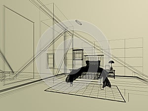 Sketch design of interior attic bedroom,3d