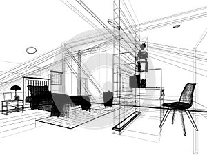 sketch design of interior attic bedroom,3d