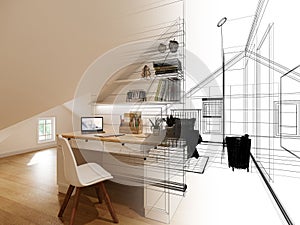 Sketch design of interior attic bedroom,3d