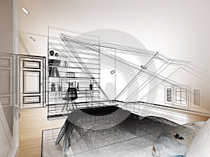 Sketch design of interior attic bedroom,3d