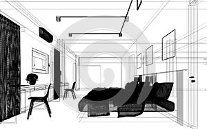 sketch design of interior bedroom, 3d rendering