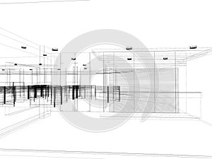 Sketch design of interior hall, wire frame