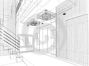 Sketch design of interior hall, wire frame