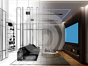 sketch design of interior home theater, 3d