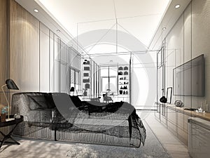 Sketch design of interior living room,3d