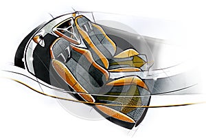 Sketch design of the modern conceptual interior of a sports coupe car. Illustration.