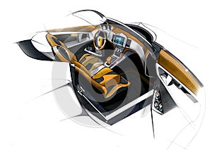 Sketch design of the modern conceptual interior of a sports coupe car. Illustration.