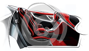 Sketch design of the modern conceptual interior of a sports coupe car. Illustration.