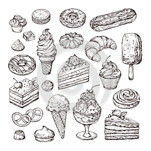 Sketch dessert. Cake, pastry and ice cream, apple strudel and muffin in vintage engraving style. Hand drawn fruit