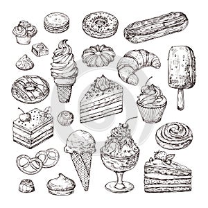 Sketch dessert. Cake, pastry and ice cream, apple strudel and muffin in vintage engraving style. Hand drawn fruit photo