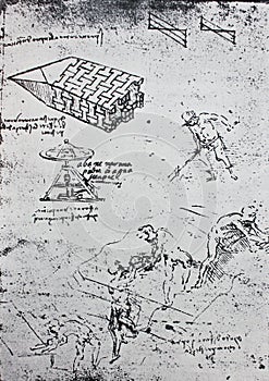 The sketch of digging person, mechanism. Manuscripts of Leonardo da Vinci. Code B Folio 51 recto in the vintage book Leonardo da