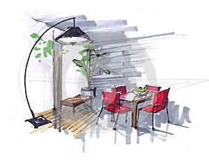 Sketch of the dining room. flowers, table and red chairs in the area with large Windows. large designer floor lamp. hand