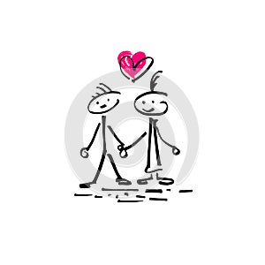 Sketch doodle human stick figure couple in love with a heart