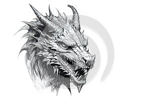 Sketch Dragon Head Illustration. A fierce and majestic black dragon head, intricately designed with tribal elements, perfect for a