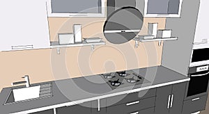 Sketch drawing of 3d grey modern kitchen interior with round hood and glass doors of cupboards