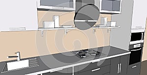 Sketch drawing of 3d grey modern kitchen interior with round hood and glass doors of cupboards