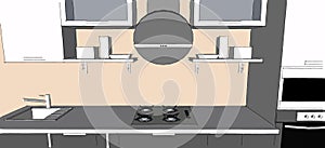 Sketch drawing of 3d grey modern kitchen interior with round hood and glass doors of cupboards